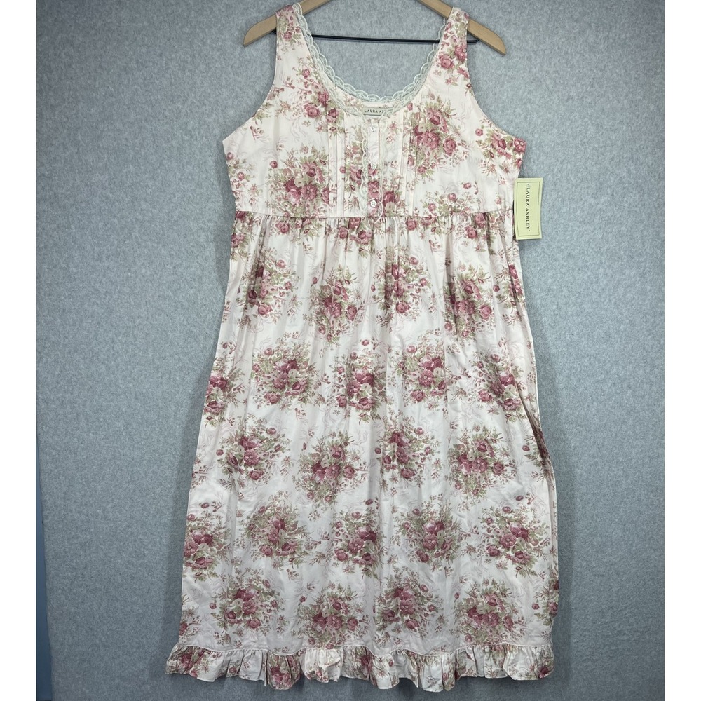 Laura Ashley Nightgown Women L Rose Tea Pink Floral Cotton Lace Trim Vintage NWT